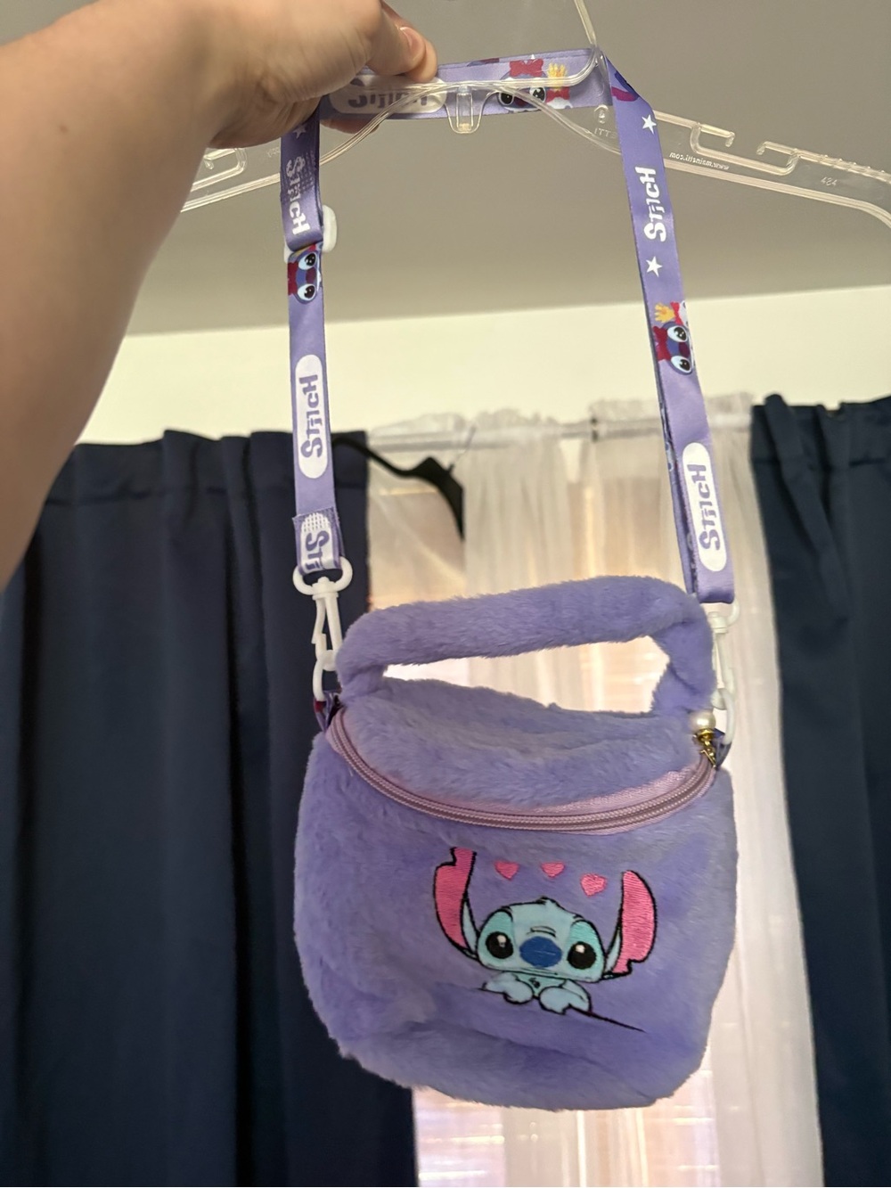 Stitch Plush Character Crossbody bag with small handle in purple, pink, or blue